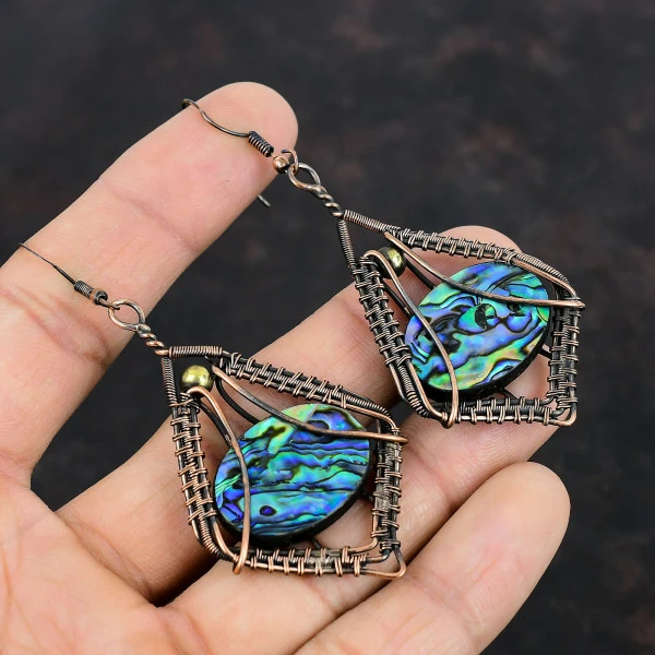 Abalone Shell Oval Green Handmade Copper Wire Wrapped Earrings