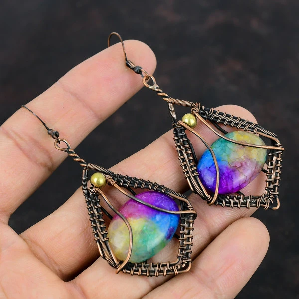 Rainbow Solar Quartz Druzy Oval Purple Handmade Copper Wire Wrapped Earrings