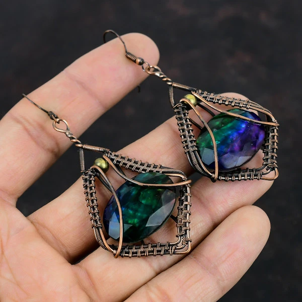 Ammolite Oval Green Handmade Copper Wire Wrapped Earrings