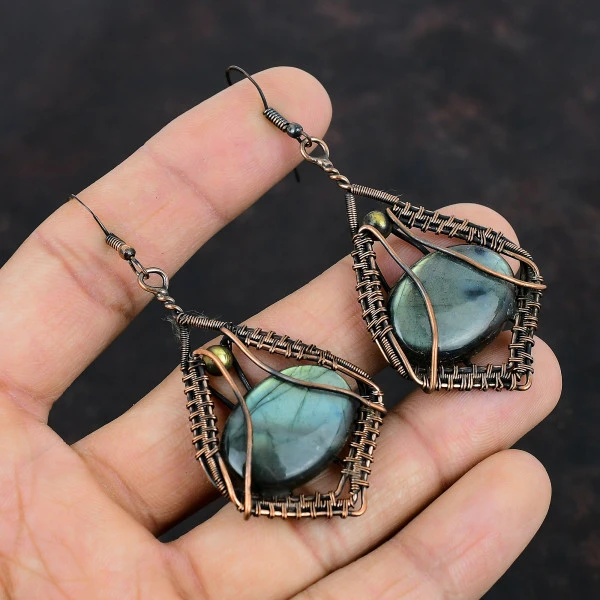 Labradorite Oval Gray Handmade Copper Wire Wrapped Earrings