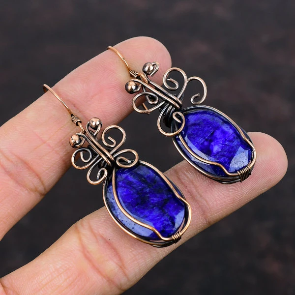 Blue Sapphire Oval Blue Handmade Copper Wire Wrapped Earrings