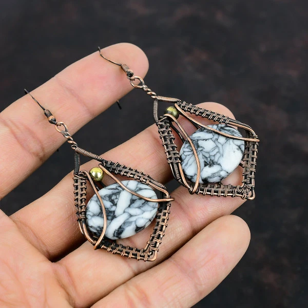 Pinolith Jasper Oval White Handmade Copper Wire Wrapped Earrings