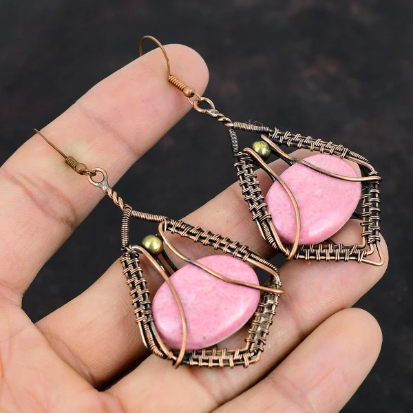Thulite Oval Pink Handmade Copper Wire Wrapped Earrings