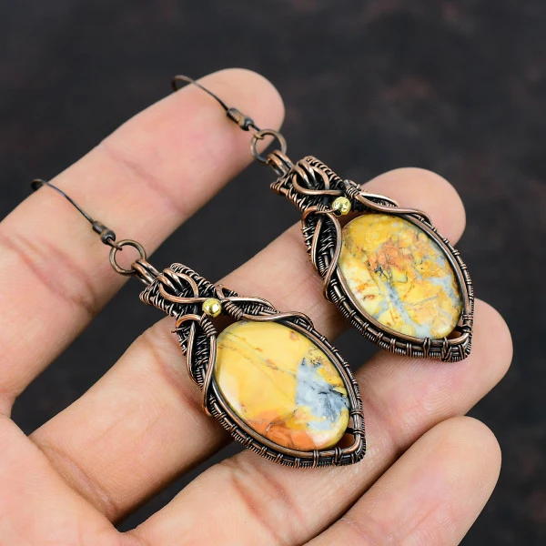 Maligano Jasper Oval Yellow Handmade Copper Wire Wrapped Earrings