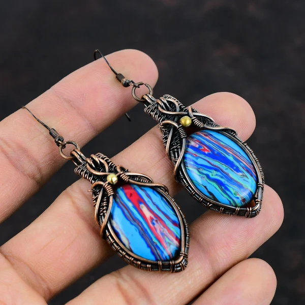 Rainbow Calsilica Oval Blue Handmade Copper Wire Wrapped Earrings