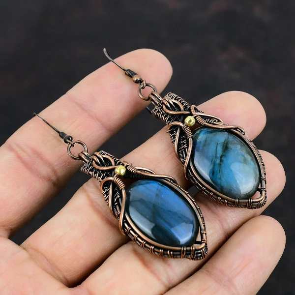 Labradorite Oval Gray Handmade Copper Wire Wrapped Earrings