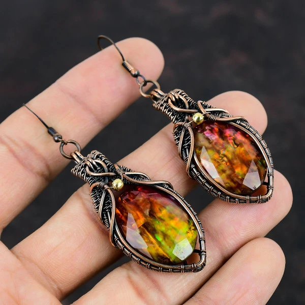 Ammolite Oval Yellow Handmade Copper Wire Wrapped Earrings