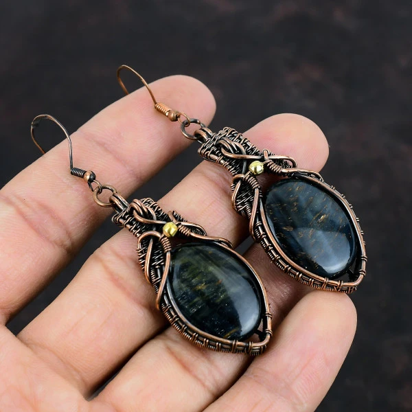 Pietersite Oval Black Handmade Copper Wire Wrapped Earrings