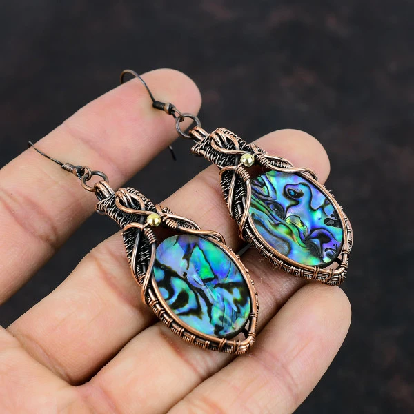 Abalone Shell Oval Blue Handmade Copper Wire Wrapped Earrings