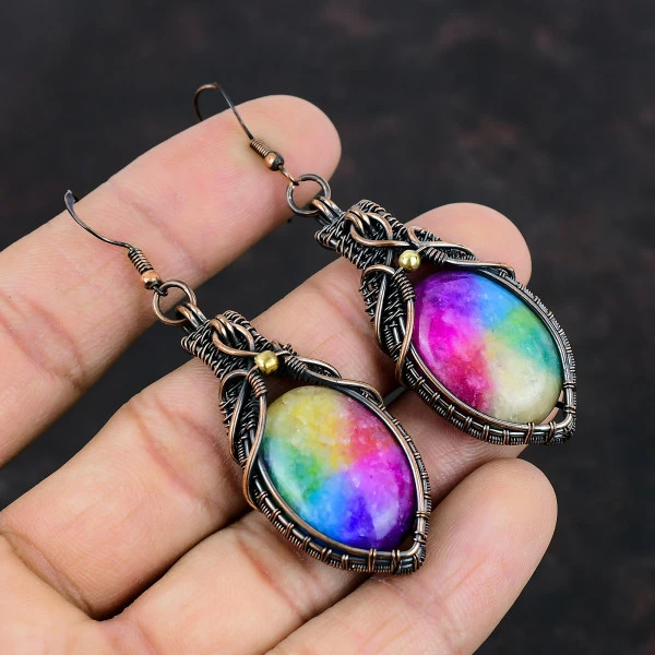 Rainbow Solar Quartz Druzy Oval Yellow Handmade Copper Wire Wrapped Earrings