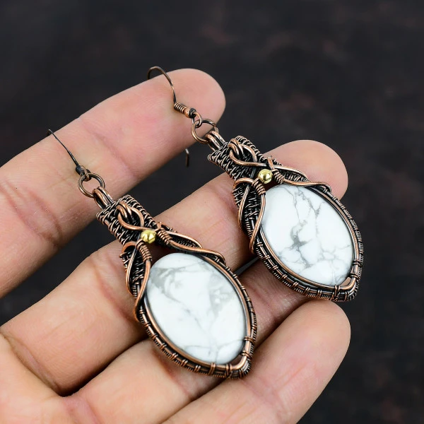 Howlite Oval White Handmade Copper Wire Wrapped Earrings