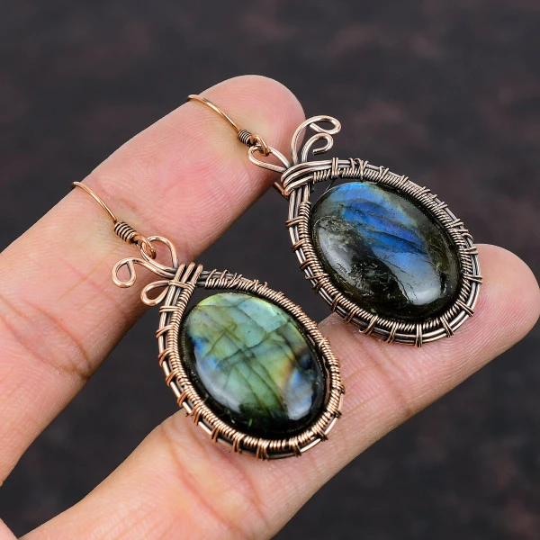 Labradorite Oval Gray Handmade Copper Wire Wrapped Earrings