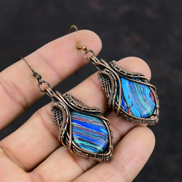 Rainbow Calsilica Oval Blue Handmade Copper Wire Wrapped Earrings