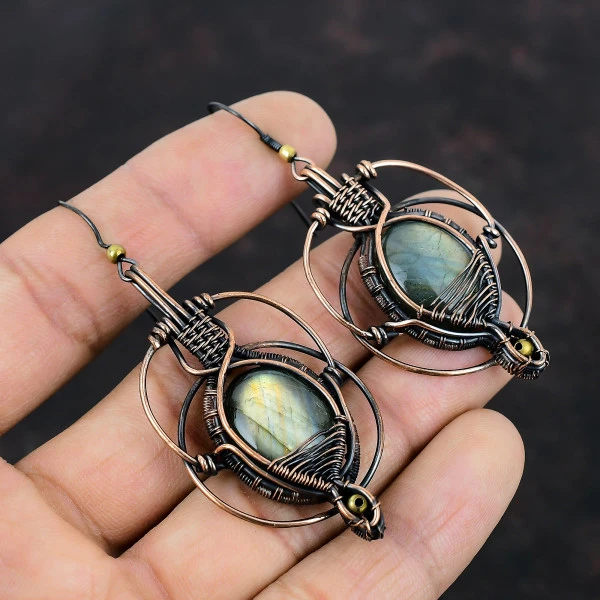 Labradorite Oval Gray Handmade Copper Wire Wrapped Earrings