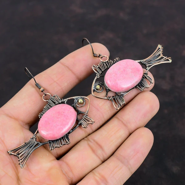 Thulite Oval Pink Handmade Copper Wire Wrapped Earrings