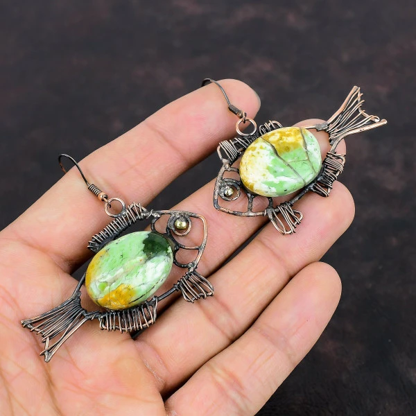 Australian Chrome Chalcedony Oval Green Handmade Copper Wire Wrapped Earrings