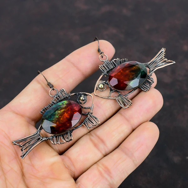 Ammolite Oval Red Handmade Copper Wire Wrapped Earrings