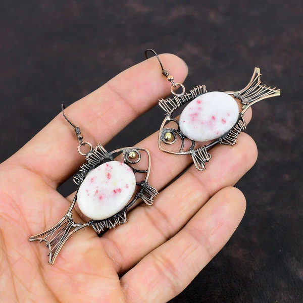 Cinnabar Oval White Handmade Copper Wire Wrapped Earrings