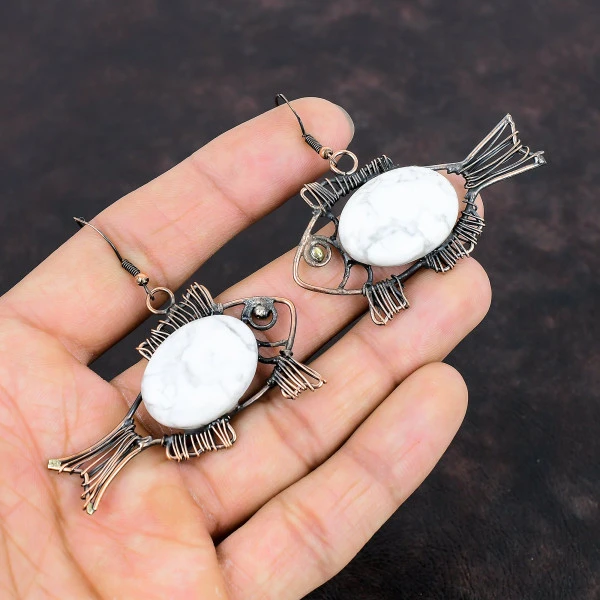 Howlite Oval White Handmade Copper Wire Wrapped Earrings
