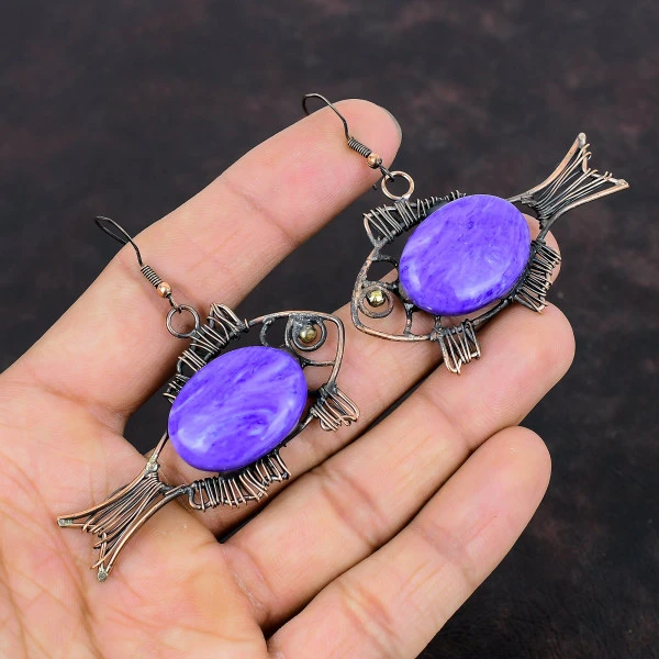 Charoite Oval Purple Handmade Copper Wire Wrapped Earrings