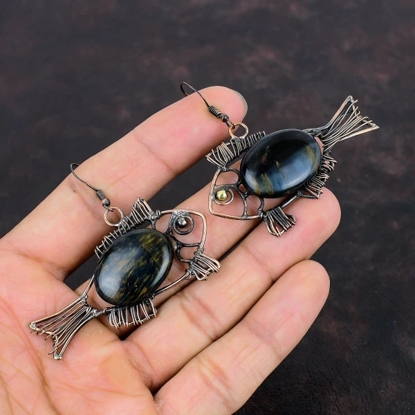 Pietersite Oval Black Handmade Copper Wire Wrapped Earrings