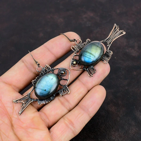 Labradorite Oval Gray Handmade Copper Wire Wrapped Earrings