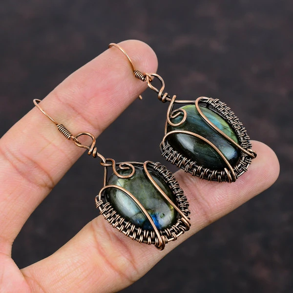 Labradorite Oval Gray Handmade Copper Wire Wrapped Earrings
