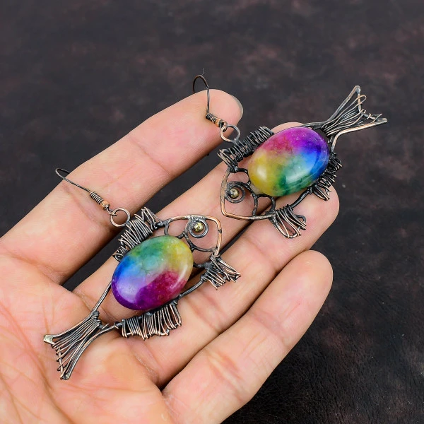 Rainbow Solar Quartz Druzy Oval Yellow Handmade Copper Wire Wrapped Earrings