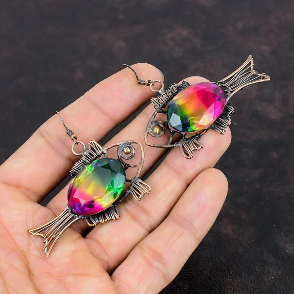 Multi Tourmaline Oval Pink Handmade Copper Wire Wrapped Earrings