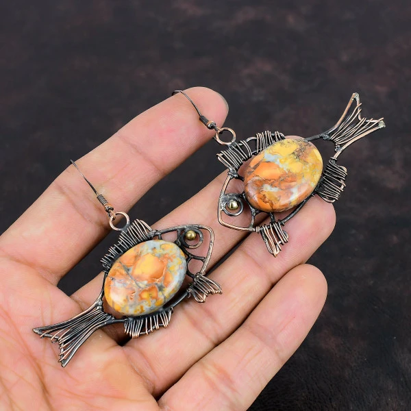 Maligano Jasper Oval Yellow Handmade Copper Wire Wrapped Earrings