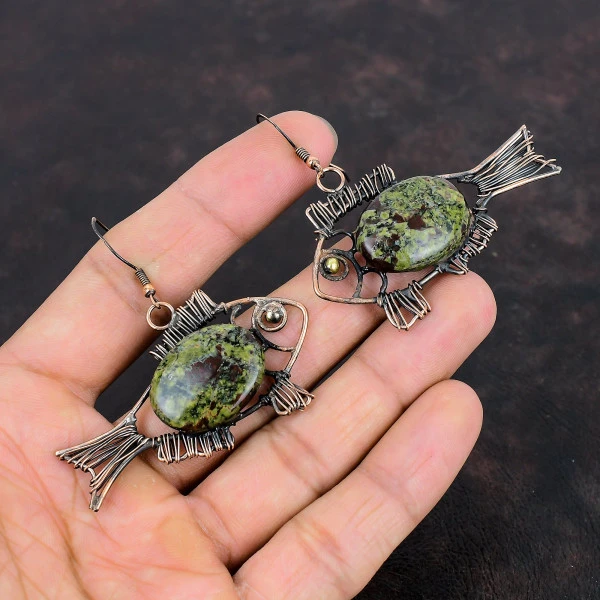 Dragon Bloodstone Oval Green Handmade Copper Wire Wrapped Earrings