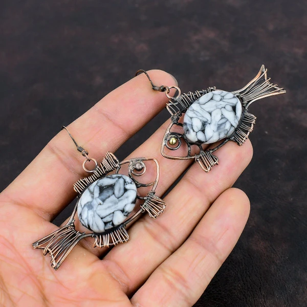 Pinolith Jasper Oval Gray Handmade Copper Wire Wrapped Earrings