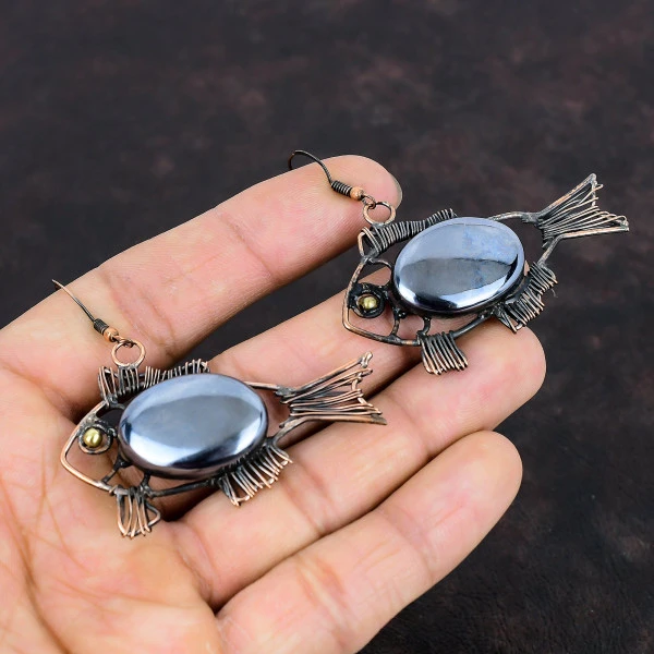 Shungite Oval Black Handmade Copper Wire Wrapped Earrings