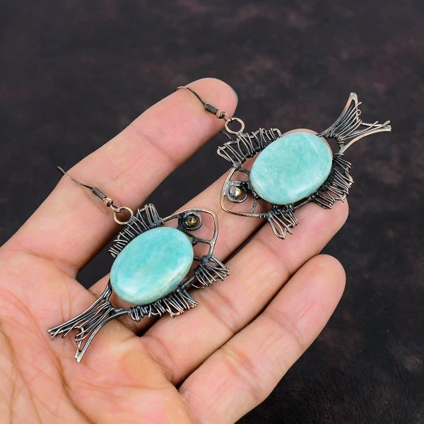 Amazonite Oval Green Handmade Copper Wire Wrapped Earrings