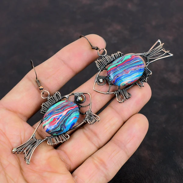 Rainbow Calsilica Oval Blue Handmade Copper Wire Wrapped Earrings