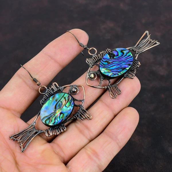 Abalone Shell Oval Green Handmade Copper Wire Wrapped Earrings