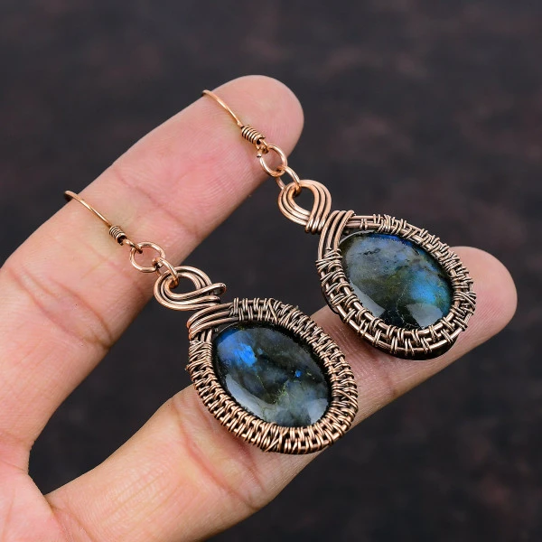 Labradorite Oval Gray Handmade Copper Wire Wrapped Earrings