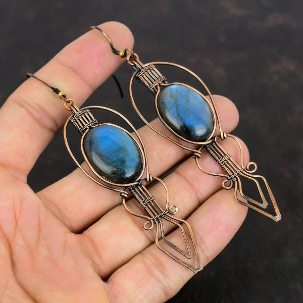 Labradorite Oval Gray Handmade Copper Wire Wrapped Earrings