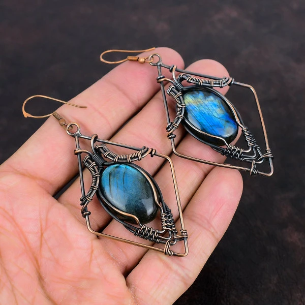 Labradorite Oval Gray Handmade Copper Wire Wrapped Earrings