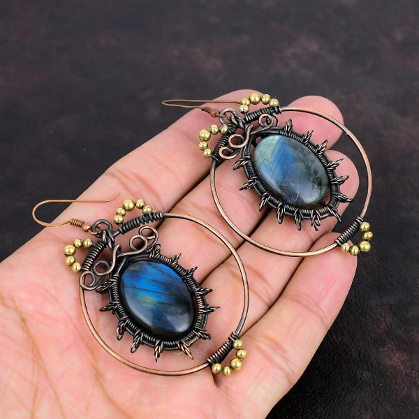 Labradorite Oval Gray Handmade Copper Wire Wrapped Earrings