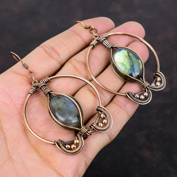 Labradorite Oval Gray Handmade Copper Wire Wrapped Earrings
