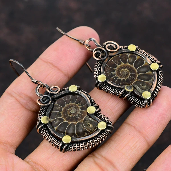 Ammonite Fossil Pear Brown Handmade Copper Wire Wrapped Earrings