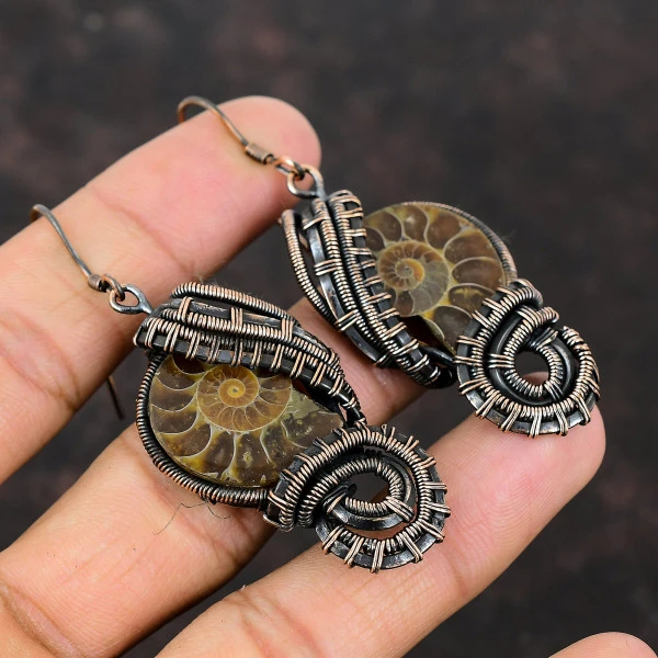 Ammonite Fossil Pear Brown Handmade Copper Wire Wrapped Earrings