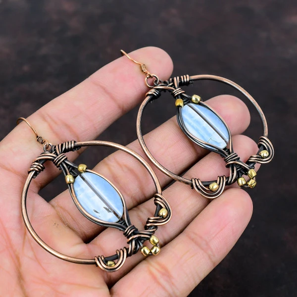 Owyhee Blue Opal Oval Blue Handmade Copper Wire Wrapped Earrings