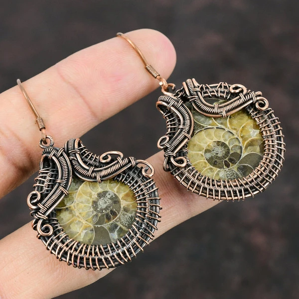 Ammonite Fossil Pear Brown Handmade Copper Wire Wrapped Earrings