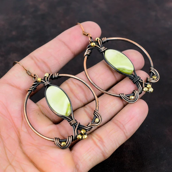 Serpentine Oval Yellow Handmade Copper Wire Wrapped Earrings