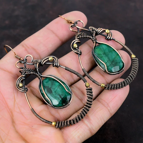 Zambian Emerald Oval Green Handmade Copper Wire Wrapped Earrings