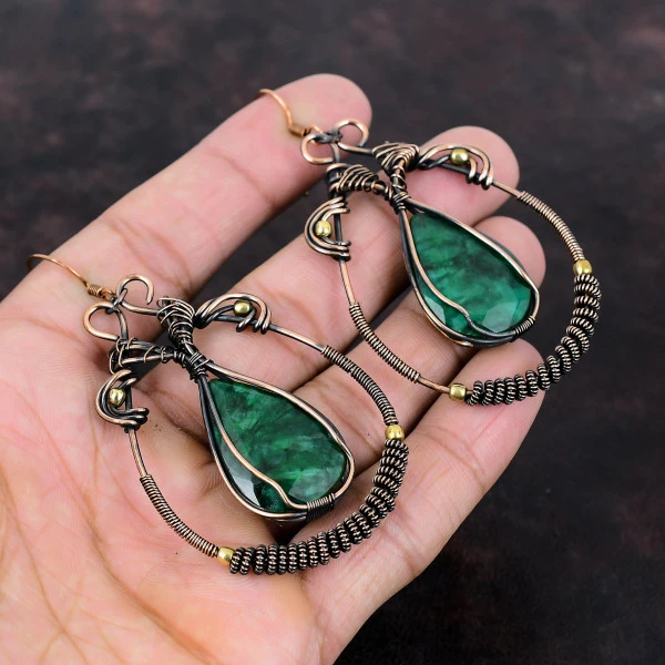 Zambian Emerald Pear Green Handmade Copper Wire Wrapped Earrings