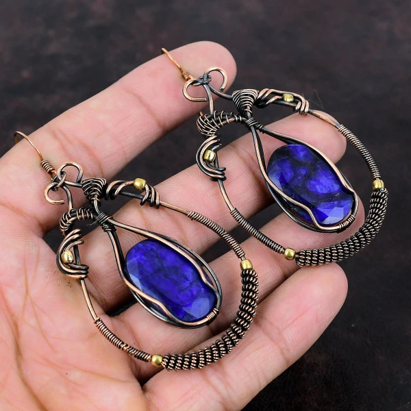 Blue Sapphire Oval Blue Handmade Copper Wire Wrapped Earrings
