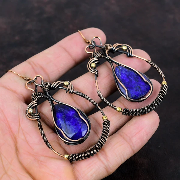 Handmade Blue Sapphire Copper Wire Wrapped Earrings